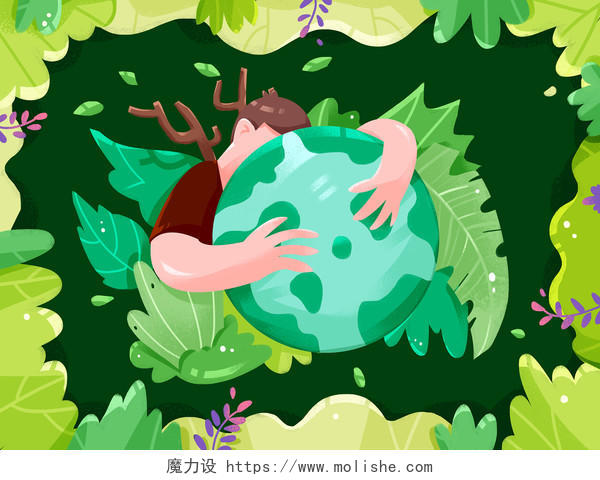 卡通手绘世界森林日绿色环保主题人物原创插画